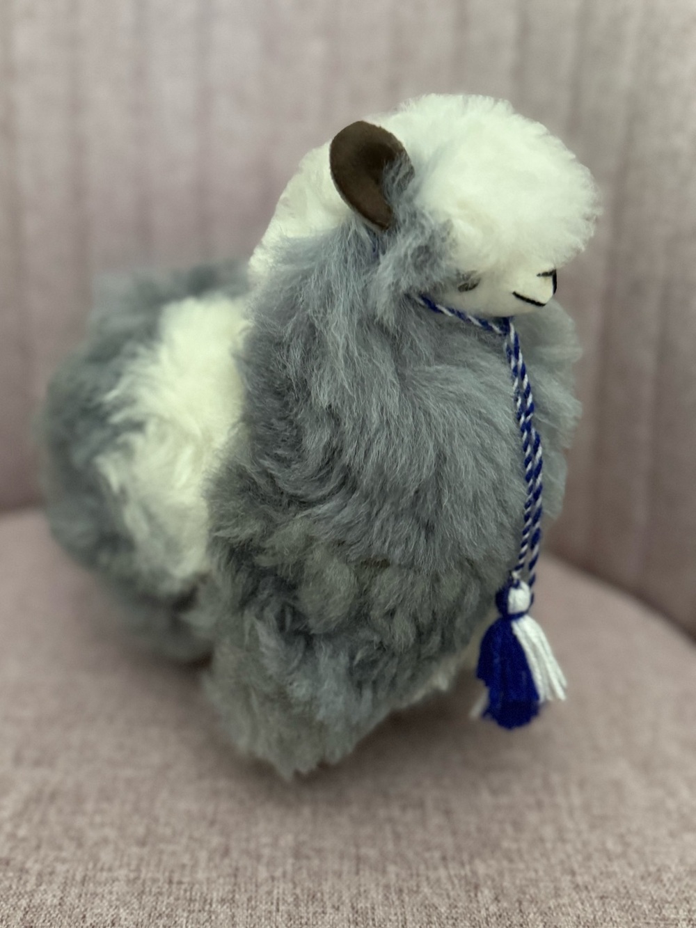 Gray and Cream Plush Alpaca Toy with dark blue and White with Tassel
